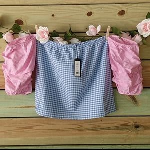 ROMEO+JULIET M PINK/BLUE GINGHAM STRAPLESS TOP